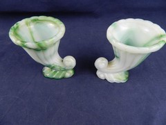 AKRO-AGATE #765 CORNUCOPIA TOOTHPICK HOLDER GREEN/WHITE SLAG GLASS, SET OF 2