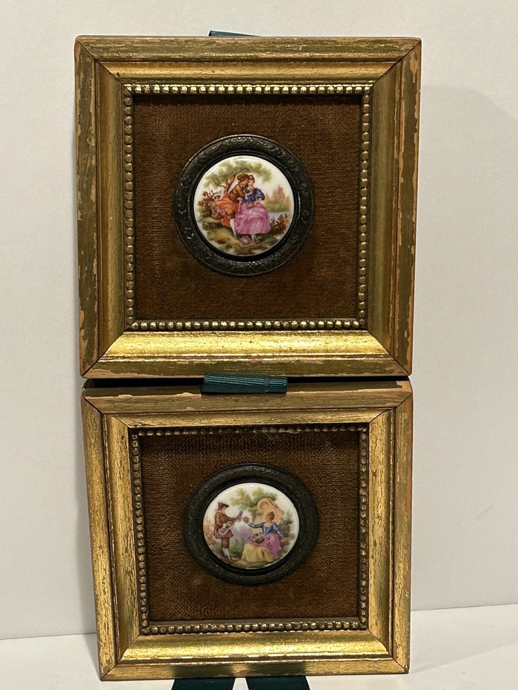 2 Vintage Fragonard Porcelain Courting Couples Square Brown Mat Gold Frames