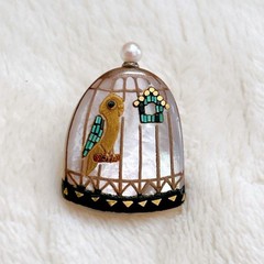 Classic Ko Pin Brooch Bird Cage Pearl Nest Blue Raden Used