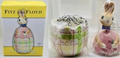 Fitz & Floyd “A Good Egg” Bobblehead/Nodder Easter Bunny Lidded Box -Plaid~New
