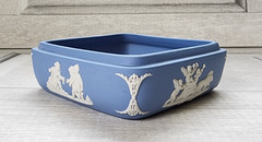 Wedgewood blue jasperware square trinket box white classical relief decoration