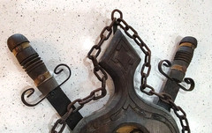 Vintage Medieval Gothic Metal Scroll with Swords Chains Candle Sconce 24″ x 17″