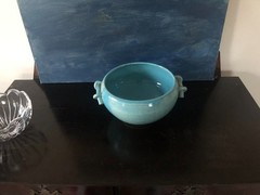 10″ Porcelain Asian Hand Painted Turquoise Display Bowl Signed by Yo