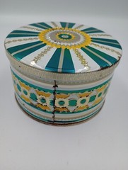 Vintage Art Deco 1930s Colorful Tin Container Round Storage Teal Yellow Silver