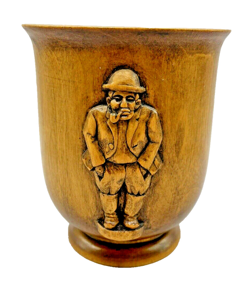 Vintage Carved Wooden Folk Art Cup Vase Vessel 3 Carved Wood Figures SIGNED 4.8″
