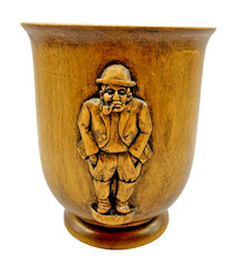Vintage Carved Wooden Folk Art Cup Vase Vessel 3 Carved Wood Figures SIGNED 4.8″