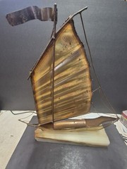 John DeMott Signed Metal Brass Sailboat Sculpture On Stone Base Decor Display