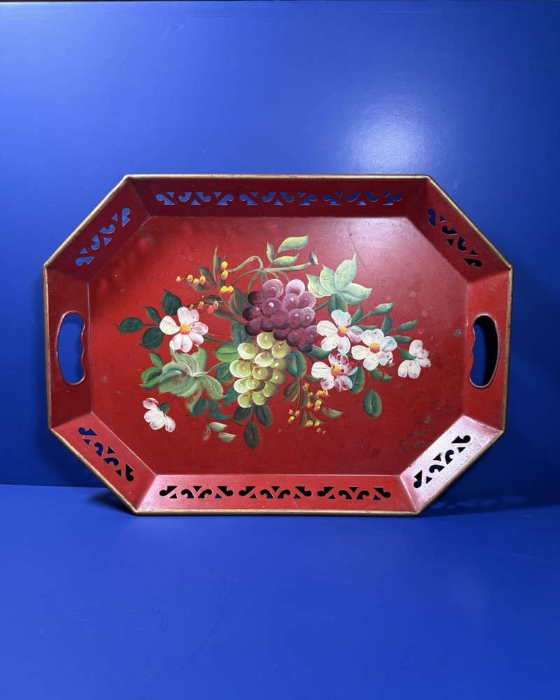 Vintage Hand‑Painted Metal Tray – Nashco Style – Red Floral & Fruit Design