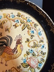 VTG Black Cream Paper Mache Tole Tray French Country Rooster Vines Flowers 9 in