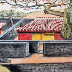 Japanese Watercolor/Gouache, Pagodas & River Bridge Scene, Unframed, Collectable