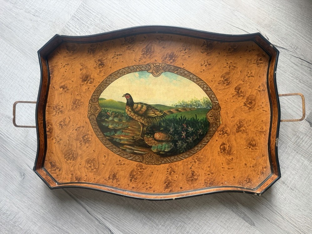 Antique Vintage Tin Painted Metal Pheasant Hunting Serving Tray Toleware