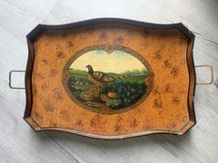 Antique Vintage Tin Painted Metal Pheasant Hunting Serving Tray Toleware
