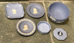 Wedgwood Blue Jasperware Lot 5pc Bowl Trinket Box Tray Plate Set Vintage Relief