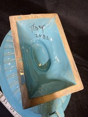 Turquoise Ceramic compote bowl w/relief decoration and handles. Made In Italy