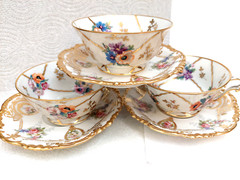 VTG /ANTIQUE LIMOGES J POUYAT BERNARDAUD FLORAL GILDED 3 CUPS SAUCERS FRANCE