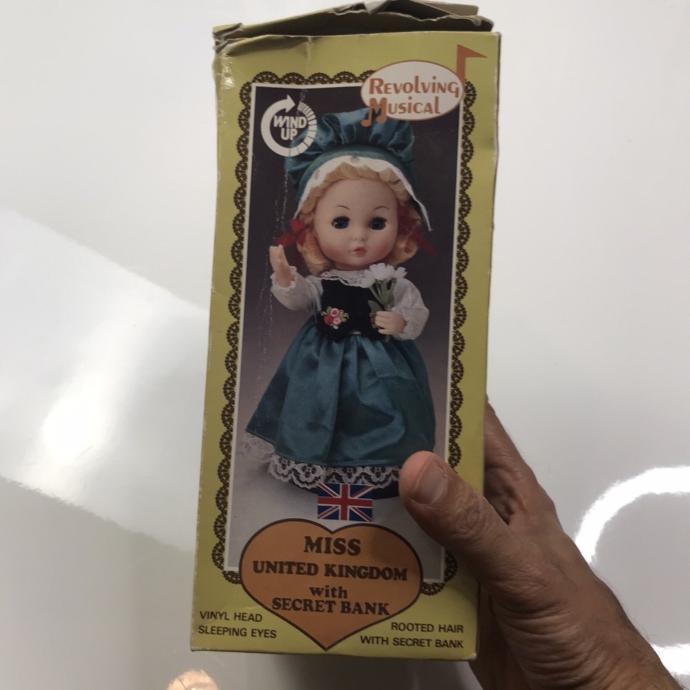 Revolving Musical Wind Up Miss United Kingdom Rooted Hair With Secret Bank