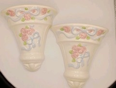 Vtg.80s 2pc. Home Interiors Tea Rose Ceramic Wall Pockets Cottage,Shabby Chic,