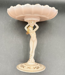 Cambridge Crown Tuscan Pink Peach Milk Glass Venus Stem Shell Boudoir Dish