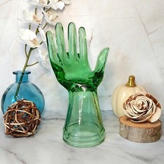 Green Depression Style Glass Hand Ring Holder, Jewelry Box, VTG Style, Retro
