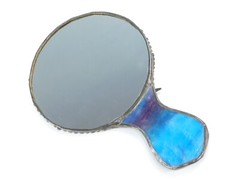VTG Blue Stained Slag Glass Hand Mirror Girl Leaded Bird Art Nouveau Style