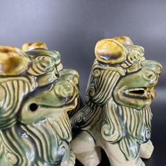 Vintage 1980s Ceramic Majolica Green Foo Dogs Set 2 Shishi Lions Good Luck vtg