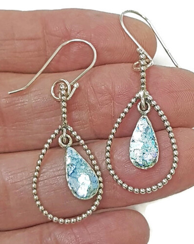 Roman Glass Silver925 Earrings Ancient Authentic 200 BC Fragment Bluish Patina