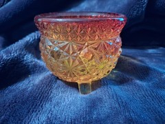 Vtg LE Smith Amberina Cadmium Glow 3″ Footed Daisy & Button Cauldron Dish Bowl