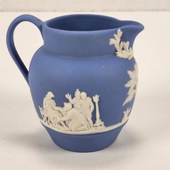 VTG Wedgwood Blue Jasperware Miniature Pitcher Creamer Neoclassical Trees 2.5″
