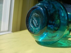 Antique ART GLASS HAND BLOWN PITCHER Pilgram Glass 5″ Blue Bud Vase Creamer