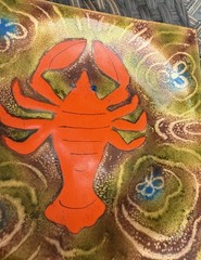 Mid-Century Modern Enamel on Copper Square Plate Trinket Dish Lobster Crawfish