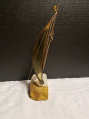 John Demott Signed Single Sail Brass Sailboat Mounted Onyx Stone w/ Seagull VTG