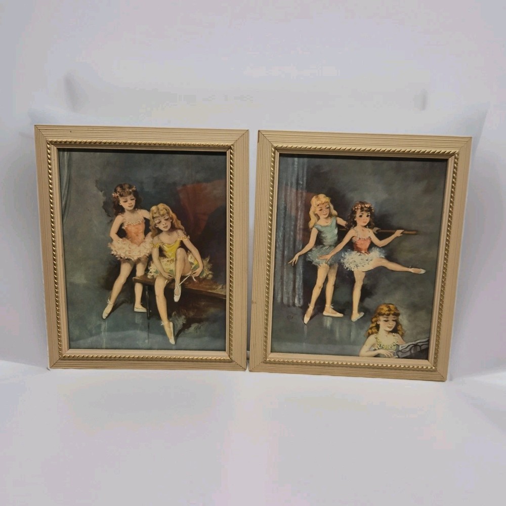 1940’s (2)Vtg Florence Kroger Ballerina Prints, Mid-Century Shabby Chic Signed