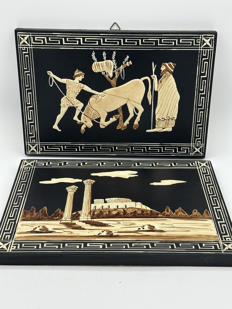 VTG Greek Pictures 2 Wooden Handpainted Black Cream 10 X 7 In Finites Greece