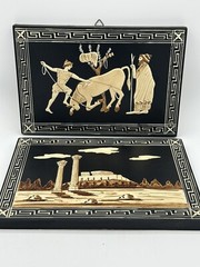 VTG Greek Pictures 2 Wooden Handpainted Black Cream 10 X 7 In Finites Greece