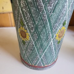 Hand Painted Folk Art Galvanized Metal Bucket Sunflowers Lattice Pattern