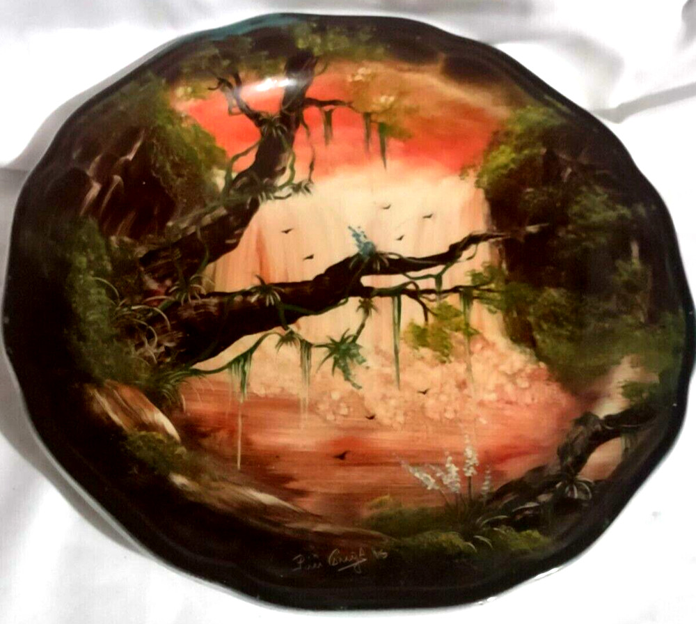 VTG Signed Hand-Painted Porcelain Plate Vitramik Oxford Brazil Moss Trees Orange