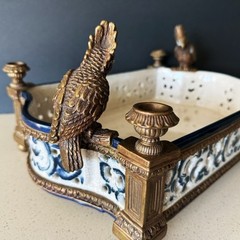 CASTILIAN Footed Centerpiece Planter Candleholder Porcelain Crackle Bronze Birds