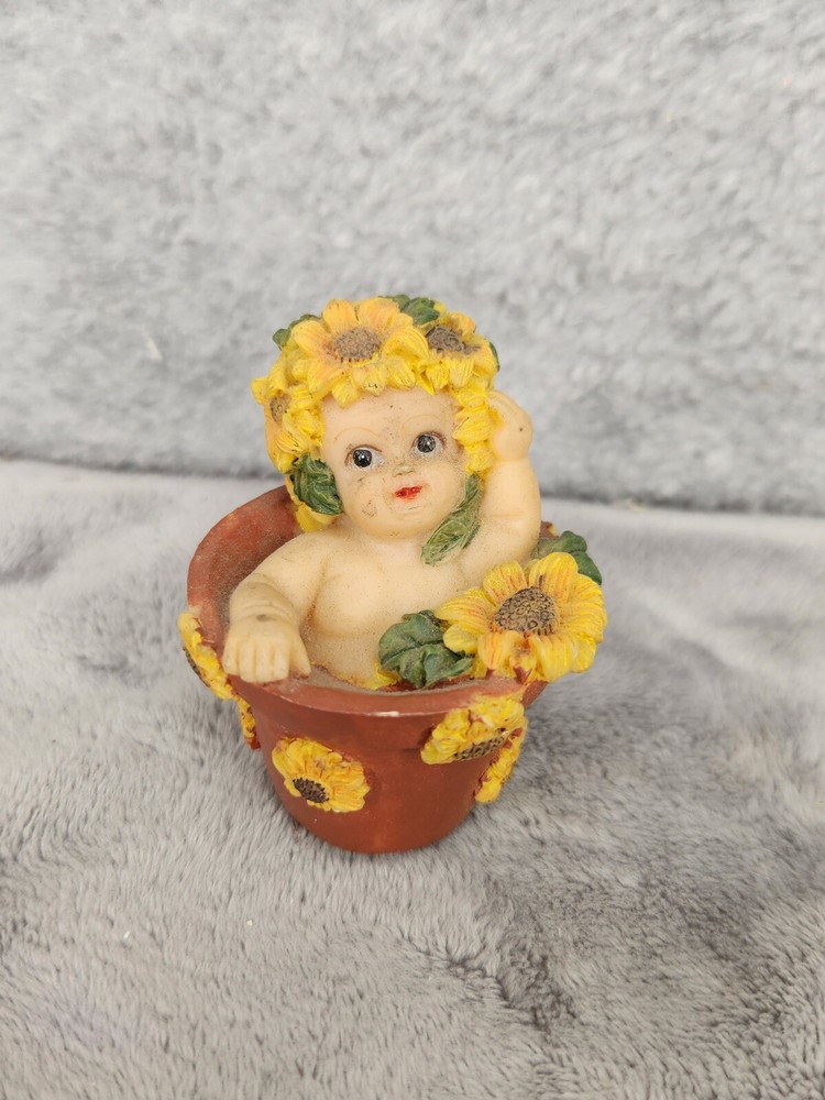 Vintage Mini Garden Cherub Angel in Flower Pot With Sunflowers 2.5″