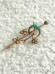 British 10k Antique Brooch Shamrock & Turquoise Moon Edwardian Style
