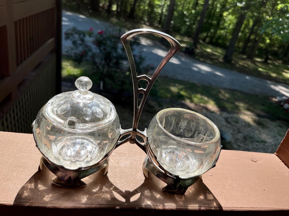 Art Nouveau Pewter Crystal Caddy, Bingit Zinn Jugendstil Condiment Server