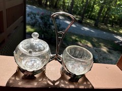 Art Nouveau Pewter Crystal Caddy, Bingit Zinn Jugendstil Condiment Server