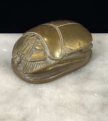 Brass Egyptian Scarab Beetle Hieroglyphics base Paperweight 3.5” Heavy VTG