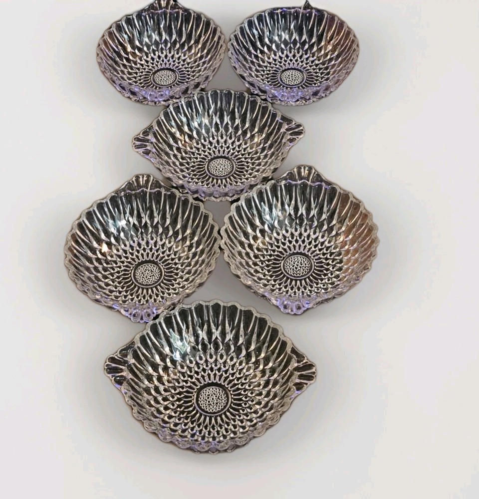 Set 6 Queens Necklace Pressed Glass Small Bowls w/ Handles & Tiny Hobnail Center