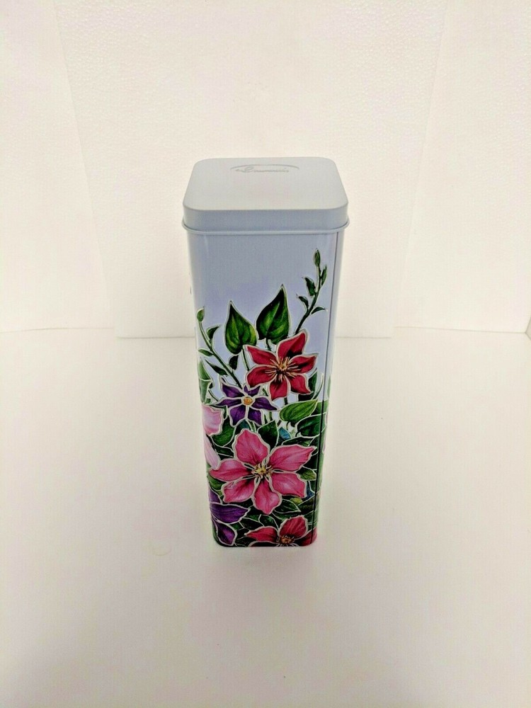 A 9 5/8″ Tall Square Tin with Raised Floral Décor Made in the United Kingdom