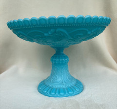 Opaline Blue Milk Glass Portieux Vallerysthal PV Griffin Phoenix Dragon Compote