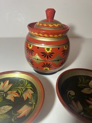Traditional Folk Art Russian Khokhloma Lacquerware Hand Painted Pot Lid & Bowls.