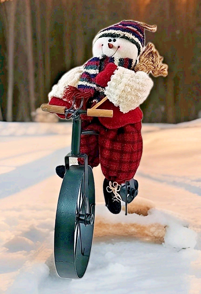 Rare Vintage 2000 Snowman Plush Riding Metal Bike 14″ Bicycle with Broom Prima