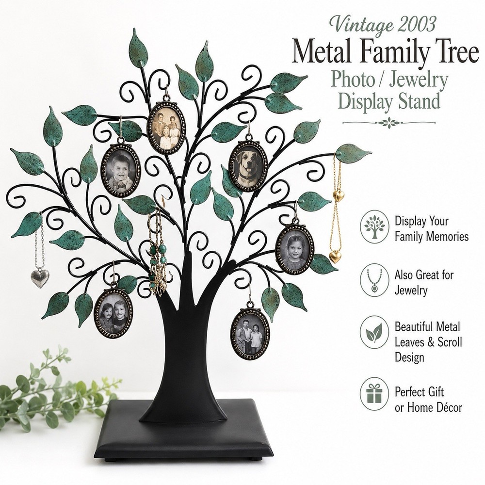 Vintage 2003 Metal Family Tree Photo Jewelry Display Stand Green Leaf Decor
