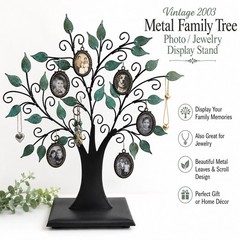 Vintage 2003 Metal Family Tree Photo Jewelry Display Stand Green Leaf Decor