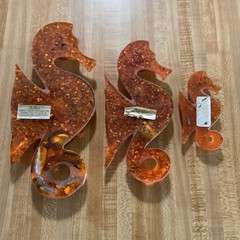 Vtg 1960s Shellart Orange Seahorse Acrylic Lucite Abalone MCM Wall Plaques Set 3